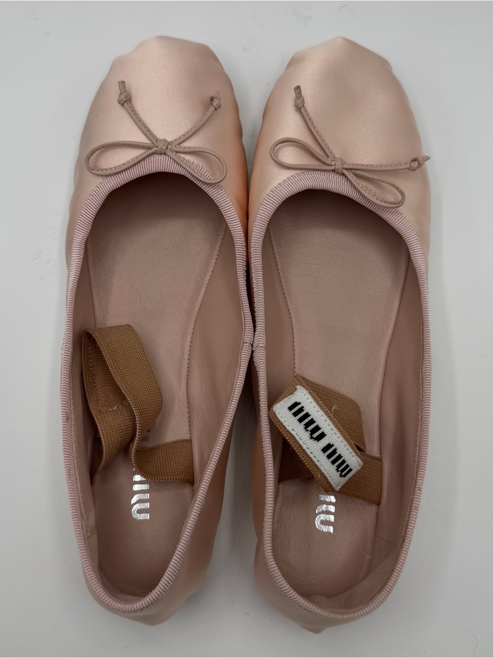 NIB Miu Miu Satin Orchid Light Pink Logo Strap Ballerina Ballet Flats EU 38.5